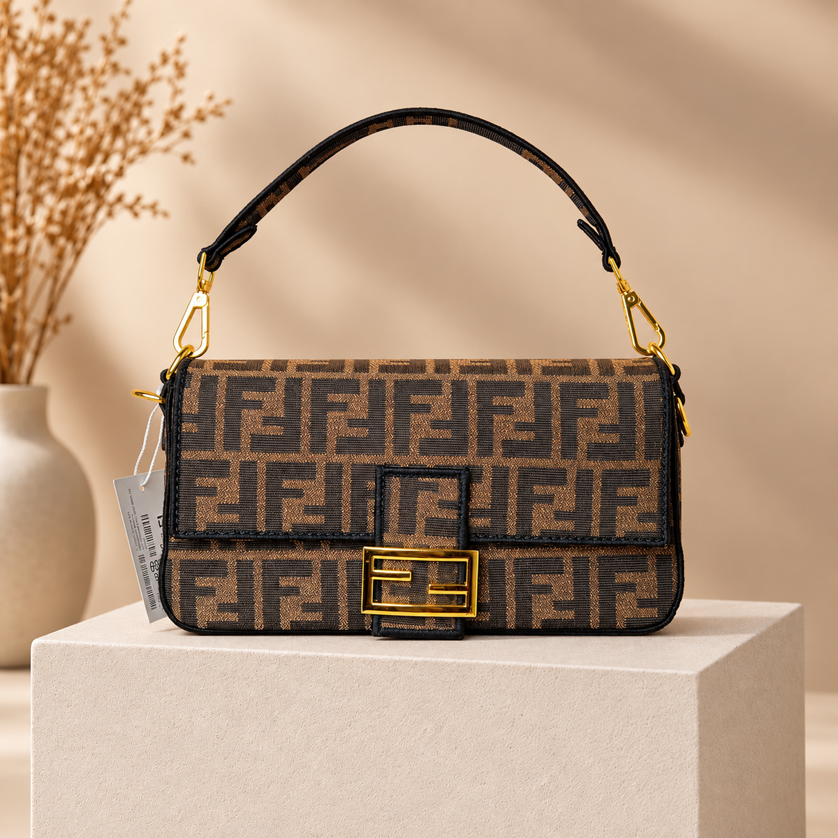 B05 brown monogram handbag on warm beige studio pedestal