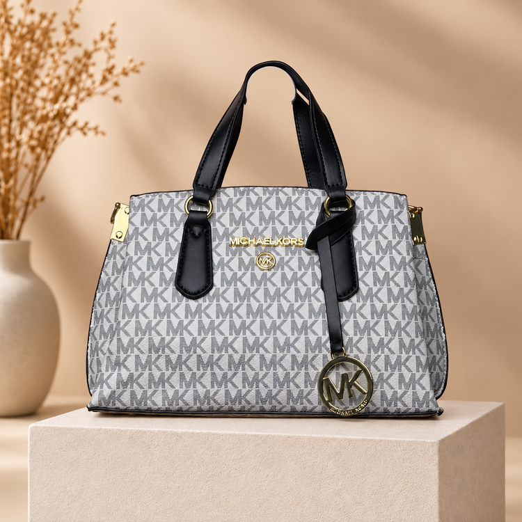 F204 handbag on beige studio pedestal
